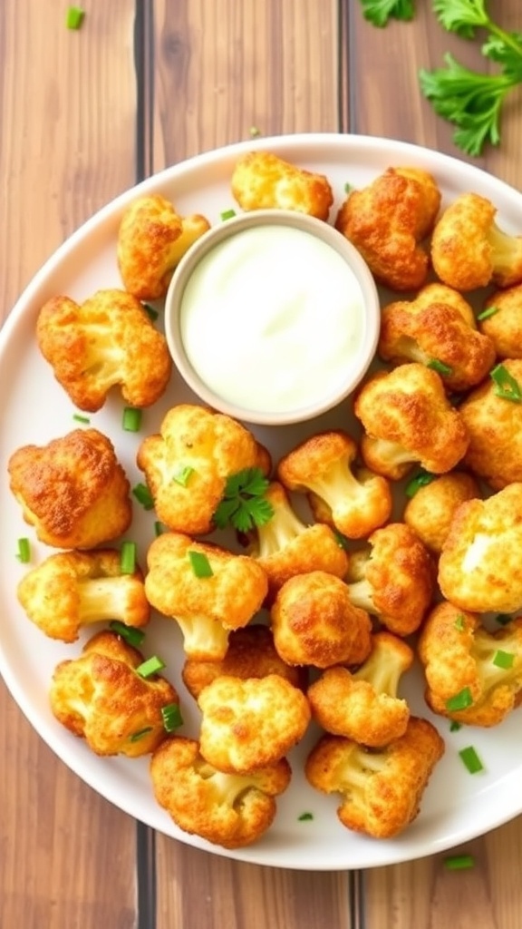 Crispy air fryer cauliflower bites served with dipping sauce on a rustic table.